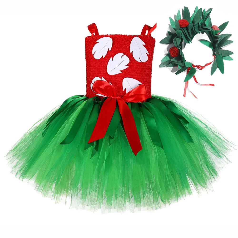 Зеленое и красное рождественское платье для маленьких девочек; детское пляжное праздничное платье; Гавайская Одежда для девочек; платье с перьями, лентами, кисточками и венком - Цвет: Girls Dress