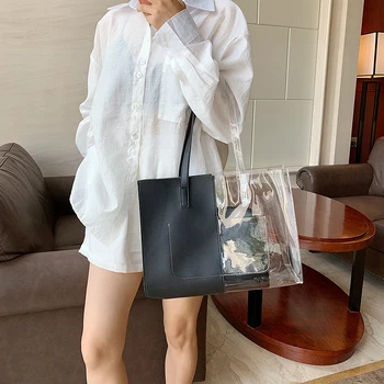 

Women Bag Plastics Patchework PU Handbags Lady Hand Bags Transparent Fashion Shoulder Bags Casual Tote No Pocket Versatile Soft