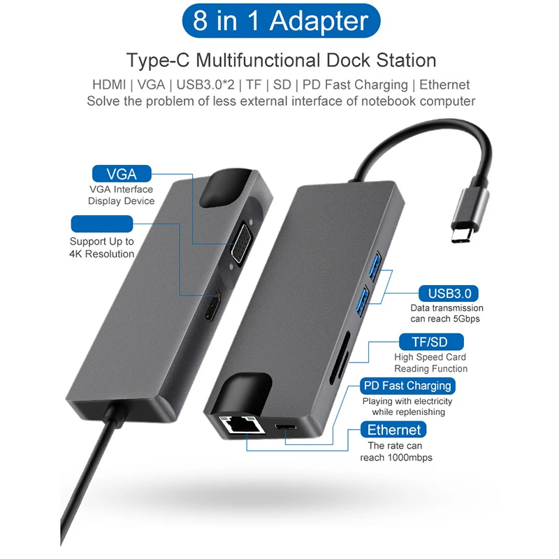 8 в 1 Тип C концентратор USB кабель-Переходник на HDMI-Совместимость VGA 3 0 Порты