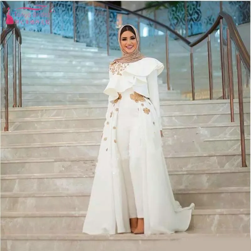 

Muslim Jumpsuit Evening Dresses Pants With Detachable Train High Neck Long Sleeves Appliques Lace Ruffles Celebrity Gown JQ598
