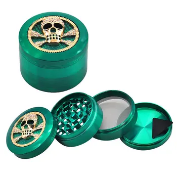

63mm Creative Skull Tobacco Manual Grinder with Rhinestones Green Zinc Alloy Four-layer Metal Crusher Cigarette Smoking Supplies