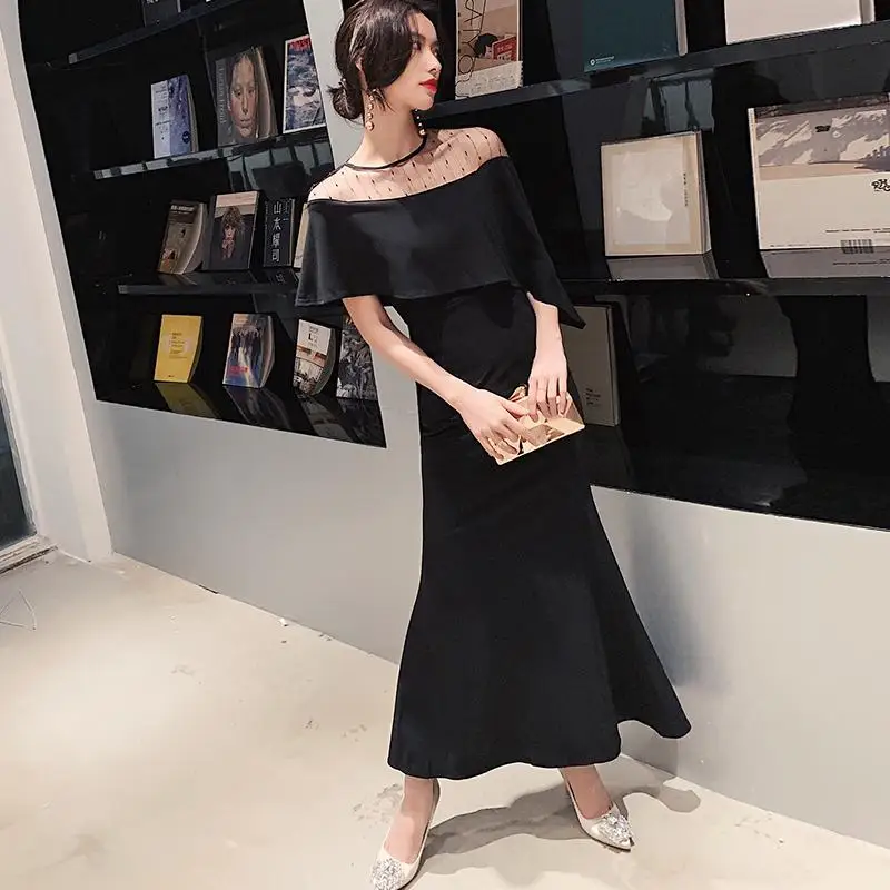 Асимметричное черное кружевное женское платье Qipao с круглым вырезом, перспективное тонкое платье с коротким рукавом, длинное платье чонсам, Открытое сексуальное платье - Цвет: Черный