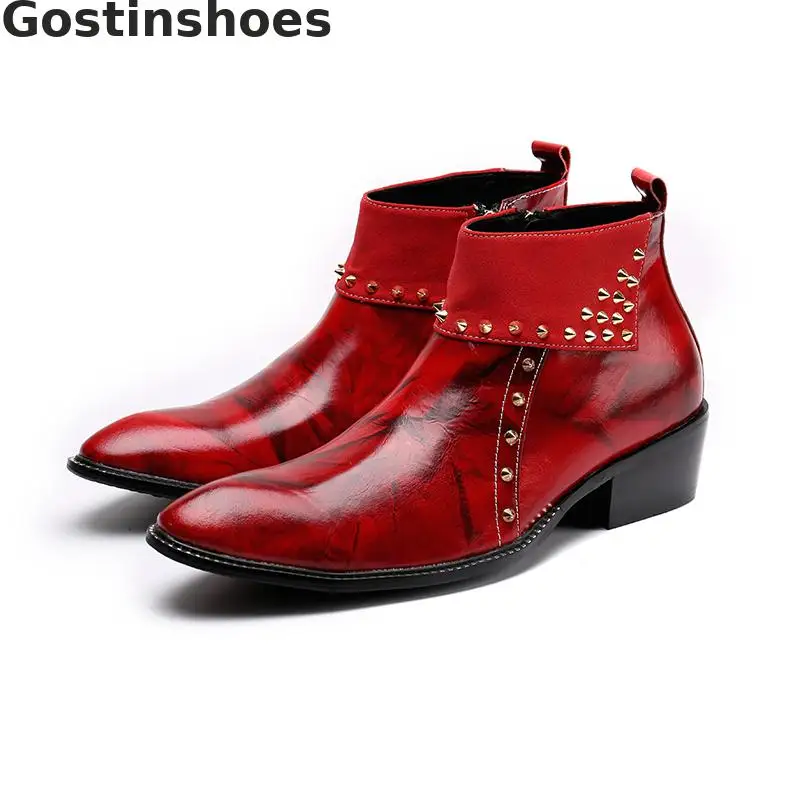 

Cowhide Men Boots Red Genuine Cow Leather Short Ankle Boots Slip-on Side Zip Rivets Decoration Outdoor Boots For Autumn Winter