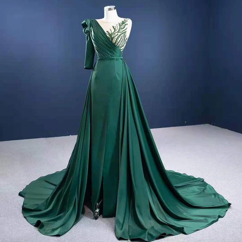 RSM67274 Simple Satin One-shoulder Half-sleeved Green Evening Dress 2021 Lace-up Back A-line Long Applique Banquet Gown 4