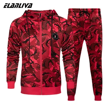 

Camo Men Tracksuit Hooded Outerwear Hoodie Set Mens Autumn Winter 2 Pieces Hooded Jacket+Pants Male Casual Tracksuits Sportswear