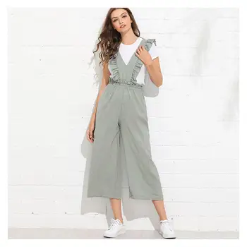 

Women's Leisure Casual Loose Ruffle Sleeve Elastic Waist Striped Printing Jumpsuit Long Pants