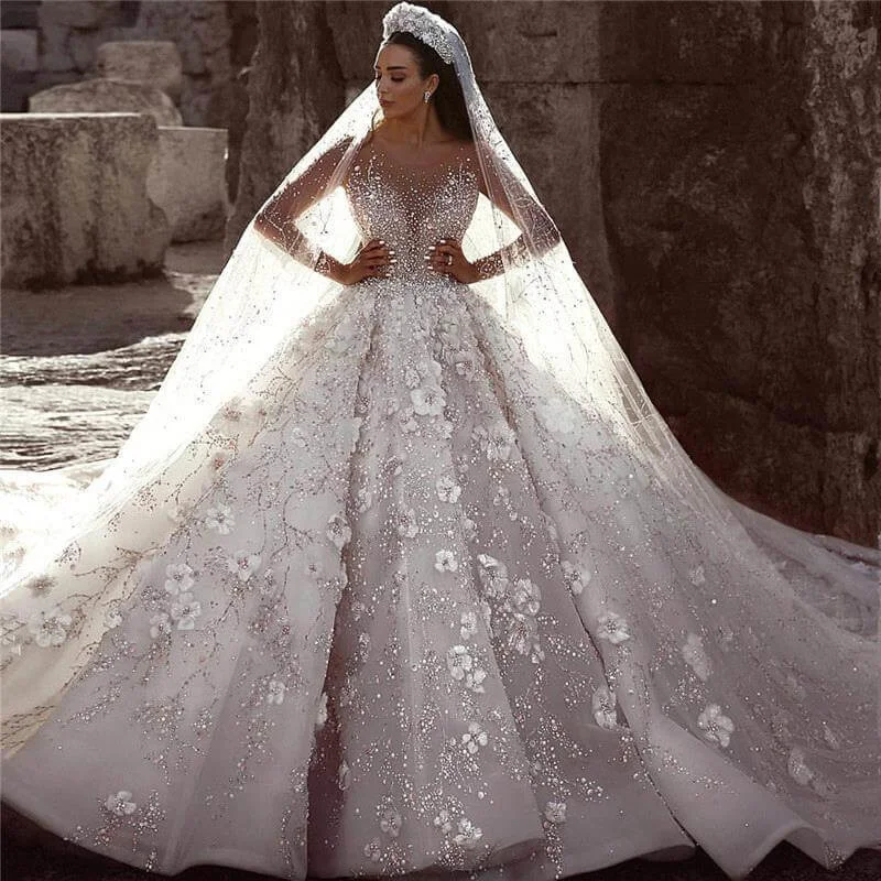 

Arabic Luxury Pearls Tip Vestidos De Novia 2021 3D Floral Wedding Dress See Through Long Sleeve Mariee Mariage Gown