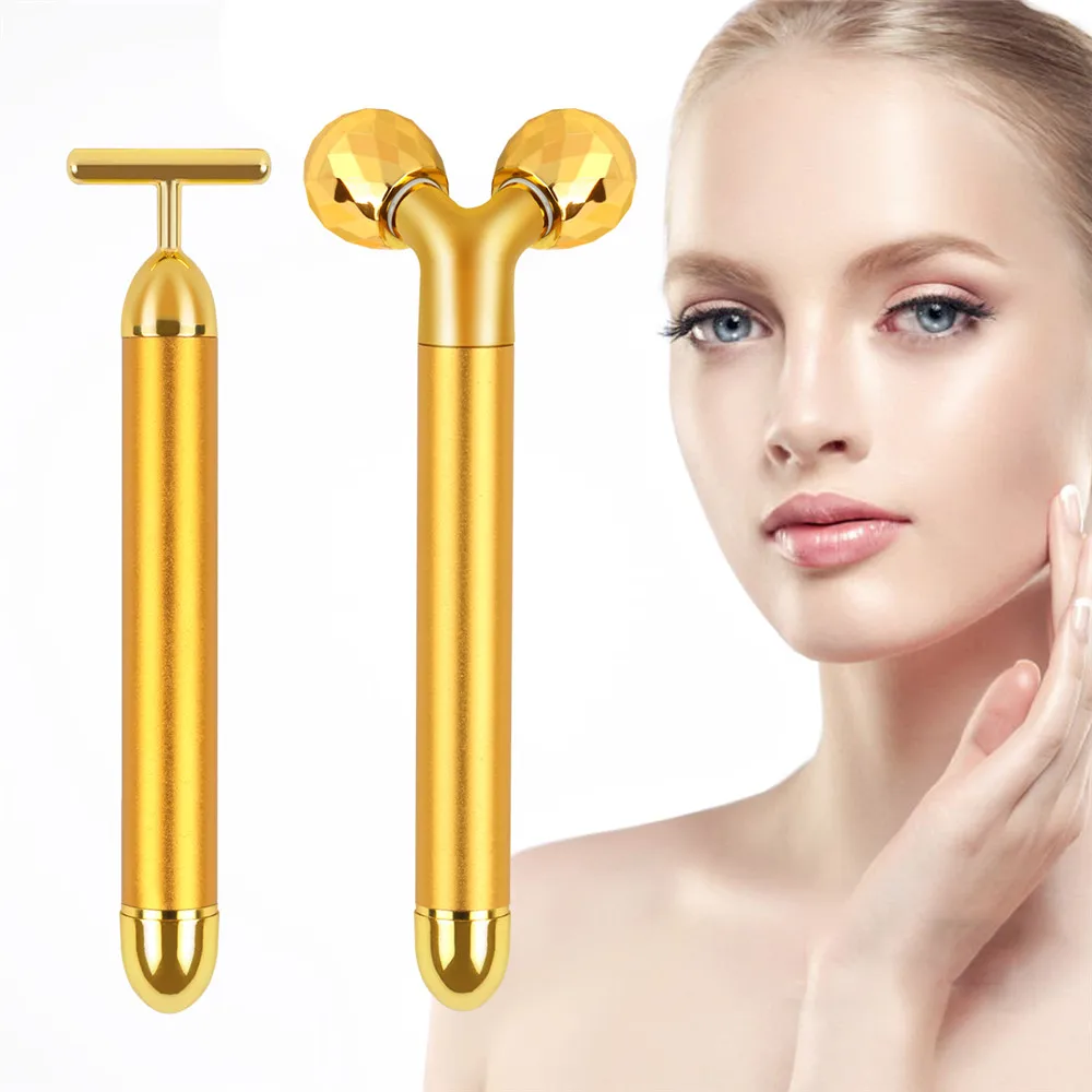 

2 in1 Face Roller Massager Slimming Face Rolling 24k Gold Color Vibration Face Facial Massager Bar Skin Wrinkle Lifting Bar