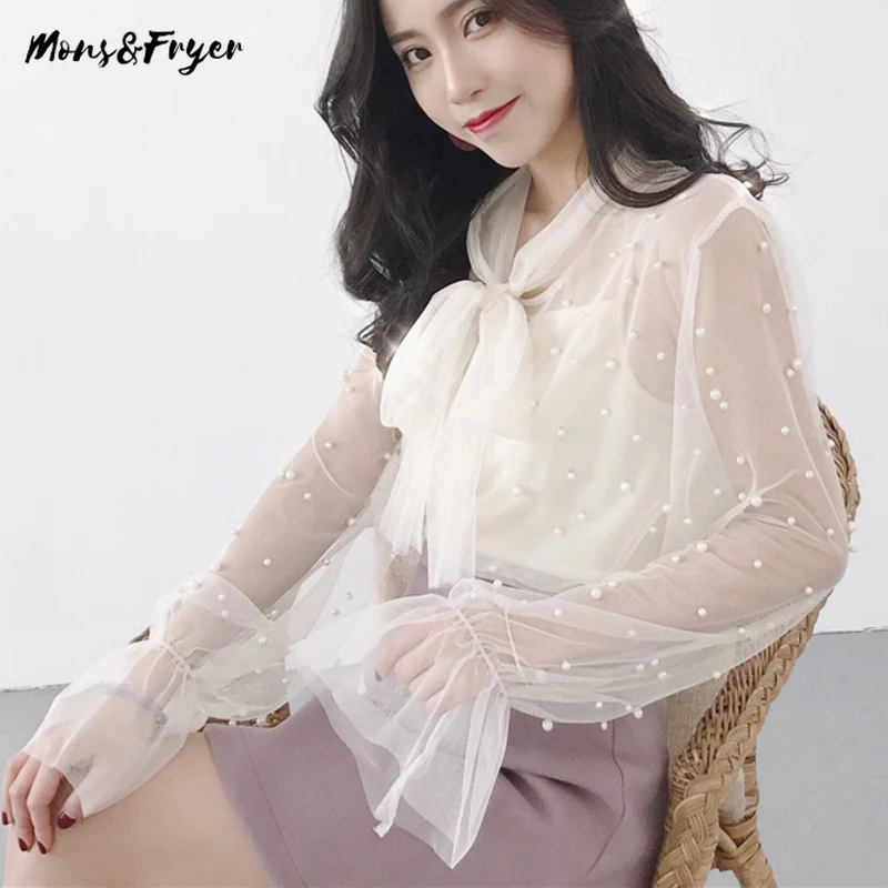 Женская шифоновая блузка с бантом и бусинами офисная розового белого цвета