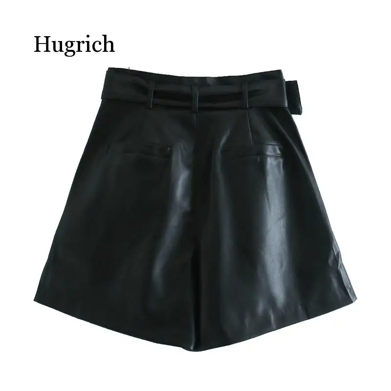 Women Black Orange Color Pu Leather High Waist with Belt Wide Leg Faux Leather Shorts Winter Loose Pu Shorts