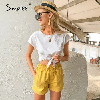 

Simplee Casual solid women t shirt tops Spring summer female cotton top shirts Elegant party holiday ladies tied white t-shirt