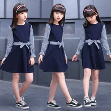 Темно-синее платье для девочек Новинка года; Детские платья в полоску с длинными рукавами для девочек; трапециевидная детская одежда с поясом; сезон весна-осень