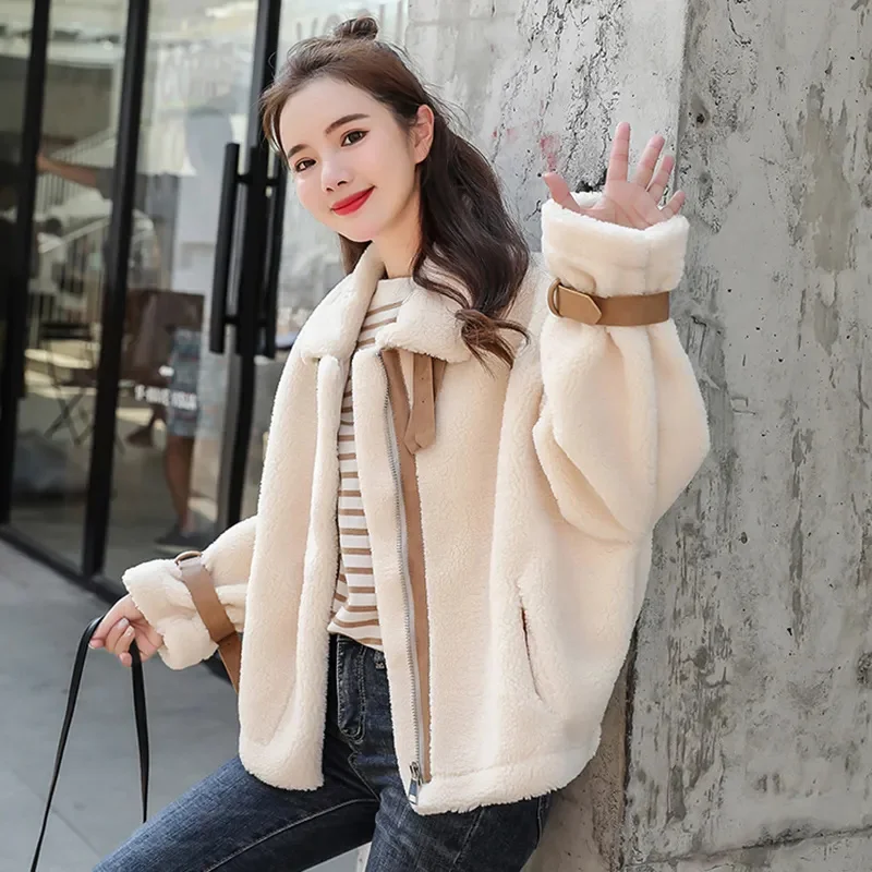 

Lamb Wool Women Spring Casual Winter White Crop Puffer Fur New Jacket Parka Loose Thick Warm Korean Short Parkas Jackets
