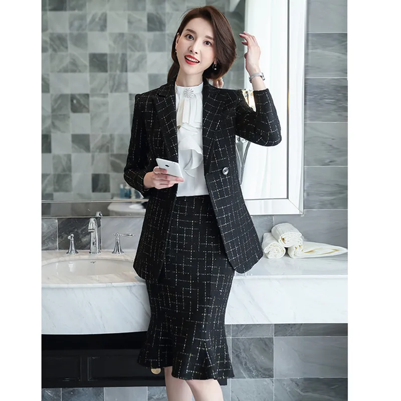 

Winter Suit Thick Warm Material Blazer Skirt Set Plaid Jacket Coat Trumpet Mermaid Skirt Women Office Skirt Suit 80365
