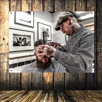 

Barber Shop Sign Poster Four Hole Wall Hanging Retro Hair Salon Tattoo Banner Flag Tapestry Wall Stickers Background Decoration