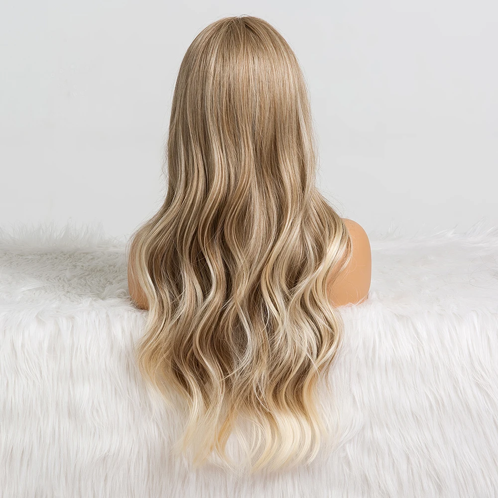 EASIHAIR Long Ombre Brown Synthetic Wigs For Black Women Wigs with Bangs High Density Temperature Glueless Wavy Cosplay Wigs