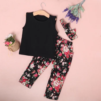 

Summer Toddler Infant Girls Clothes Tops Sleeveless T shirt Floral Pants Headband Kids 3PCS Summer Outfits 2-7 Years
