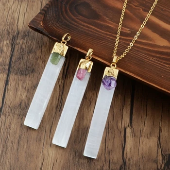 

Handmade Rectangle Gild Selenite Stone With Natural Amethysts Tourmaline Pendants 18inch Women Necklace Gifts Dropship G1805