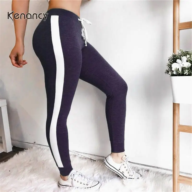 Kenancy, женские спортивные Леггинсы с высокой талией, для бега, для спортзала, тянущиеся длинные штаны, в полоску, цветные, с завязками на талии, повседневные Леггинсы