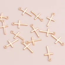 Colgantes de Cruz de aleación pequeña, joyería hechos a mano para collares, pulseras de Color dorado, 17x10mm, DIY, 80 piezas