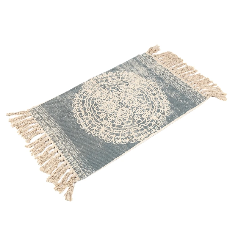Retro Bohemian Hand Woven Cotton Carpet Tassel Bedside Rug Geometric Floor Mat Living Room Bedroom Home Decoration