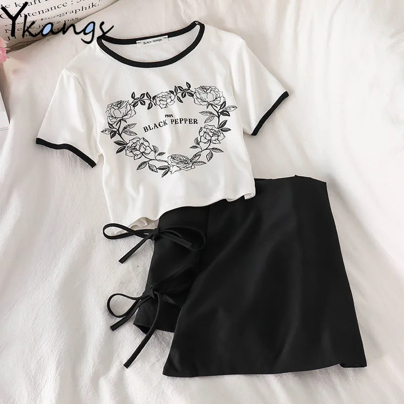 

Summer Suit New Style Printed Ladies Short T-shirt Fashion Strappy Shorts Korean Campus Style Women's Tracksuit Loungewear Set