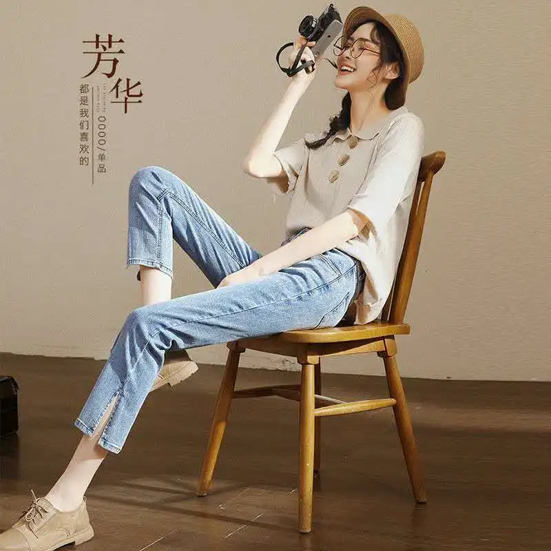 

Straight Jeans Slit High Waist Jeans New Straight Stretch Loose and Thin All-match Nine-point Pants Jeans Woman Mom Jeans