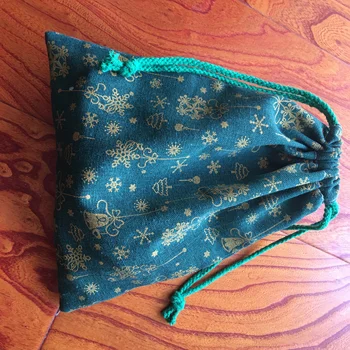 

1pc Cotton Linen Drawstring Pouch Multi-purpose Bag Golden Christmas Bell Snowflake Green Party Gift Bag YILE