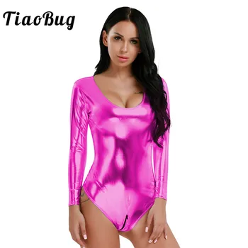 

TiaoBug Sexy Women Wetlook Patent Leather Bodysuit Swimsuit Long Sleeves Zipper Crotch Thong Lingerie Leotard Dance Rave Costume