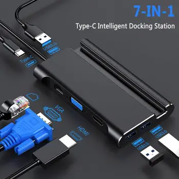 

7in1 USB Type-C Converter HUB HDMI Card Reader VGA LAN RJ45 3 USB3.0 PD Phone Bracket Adapter Supporting 4k 2k 30hz HD Signal
