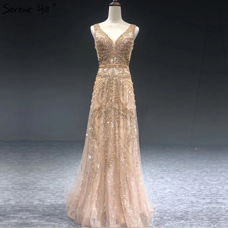 2021 Dubai Gold A Line Luxus Abendkleider V ausschnitt Perlen Kristall  Sleeveless Fromal Kleid Ruhigen Hill LA70287|Evening Dresses| - AliExpress