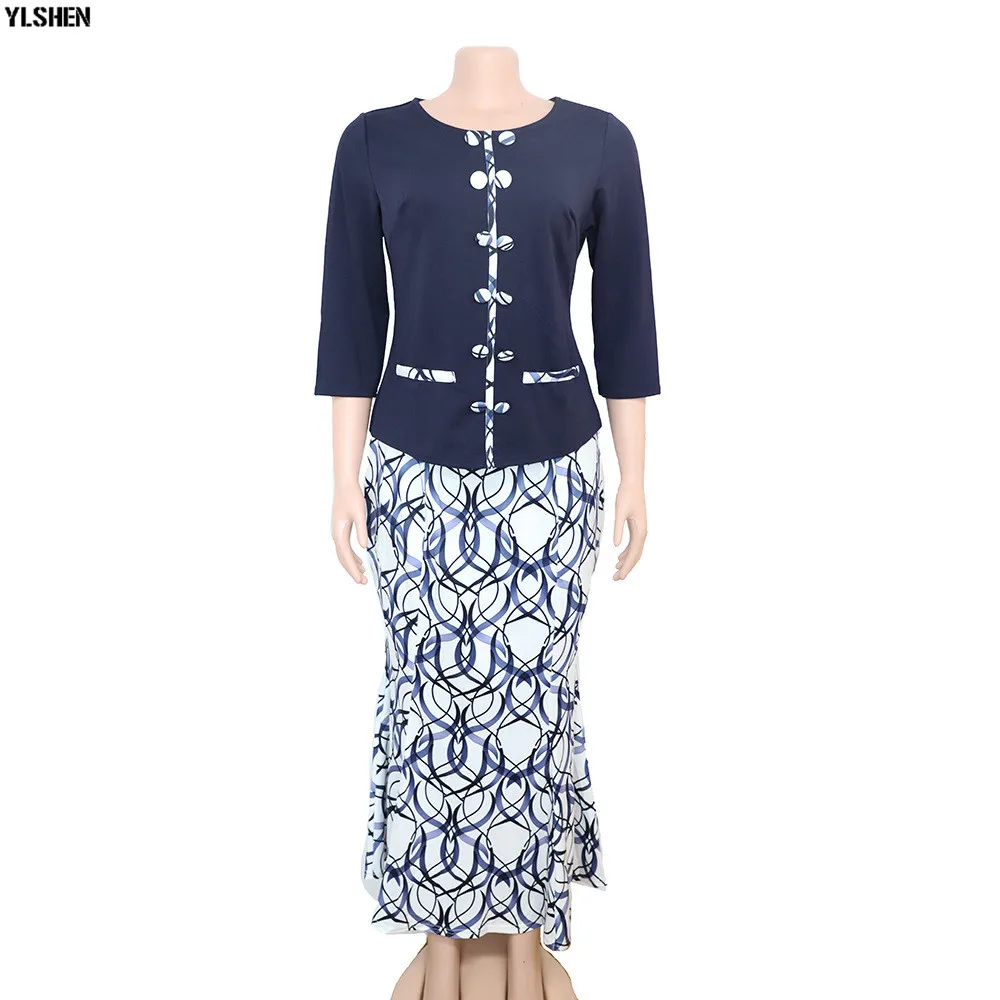 African Dresses for Women 2 Piece Set African Clothes Dashiki Print Tops + Skirt Suits Bazin Riche Fashion Robe Africaine Femme 04