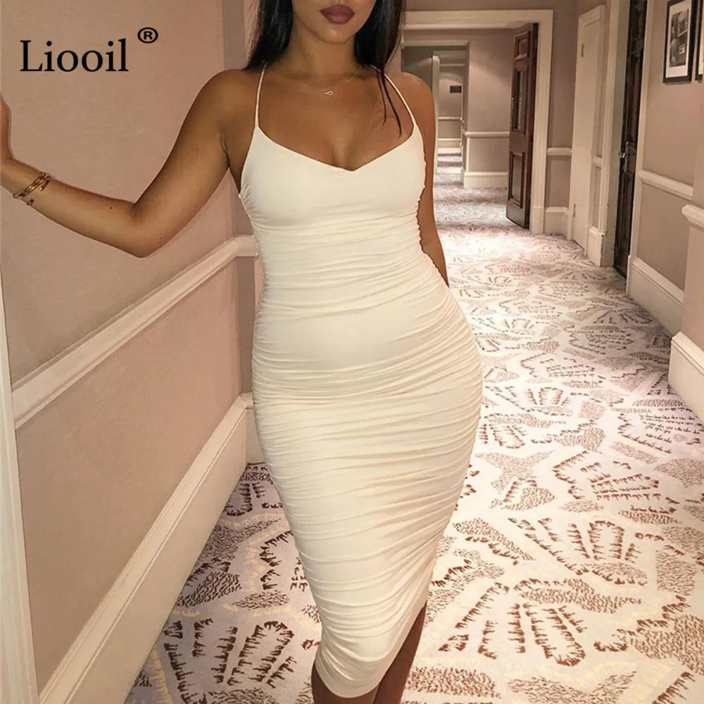 Liooil белый сексуальный спинки Ruched Bodycon Midi платье без рукавов без бретелек бандаж ночной клуб вечерние бесшовная плотно прилегающая юбка платья