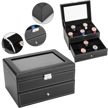 

20 Slots Watch Box,Mens Case Glass Top Display Organizer Lockable