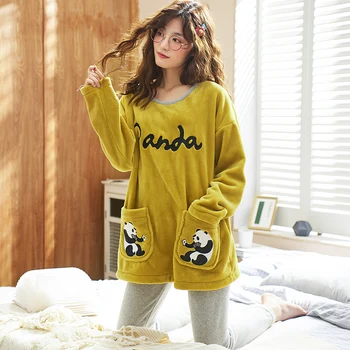 

Pajamas Sets Women Animal Thick Flannel Panda Fashion Female Long Sleeve Sleepwear Suit 2 pieces Warm Winter Home Lounge Gift