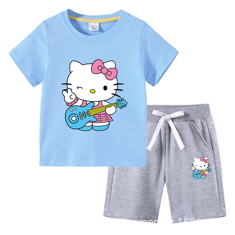 thumbnail image 1 of Hello Kitty verano niños pequeños de algodón de manga corta camiseta traje niños pantalones cortos de manga corta conjunto de dos piezas ropa para niños, 1 of 5