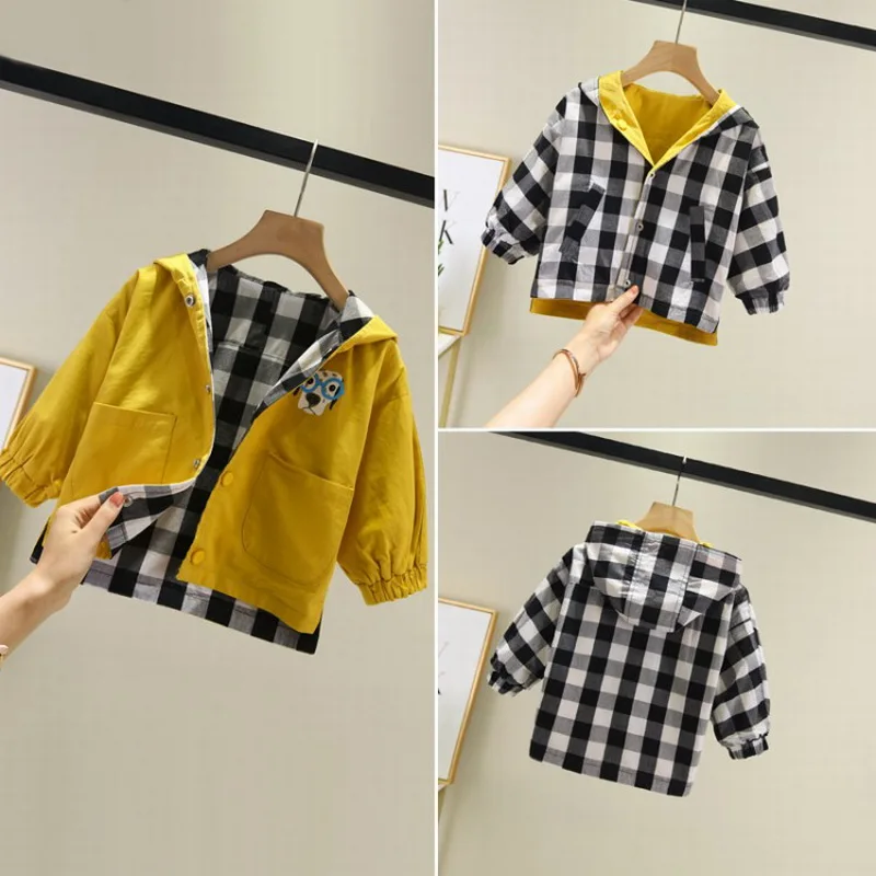 

Autumn Cartoon Puppy Plaid Reversible Clothes Baby Boy Coats&Jackets Toddler Sweatshirts Hoodie Outerwear Top 1 2 3 4 5 6 Age