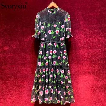 

Svoryxiu Runway Summer Sexy Backless Party Midi Dress Women's Black Lace Embroidery Patchwork Flower Print Dress Vestdios