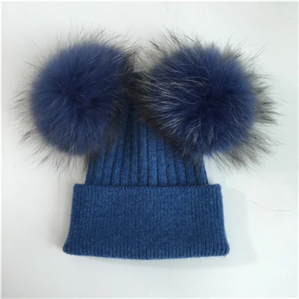 Шапка с помпоном из натурального меха енота, женские зимние шапки, вязаные шерстяные шапки Skullies Beanies для девочек, женская шапка с двумя помпонами из меха - Цвет: Blue match fur