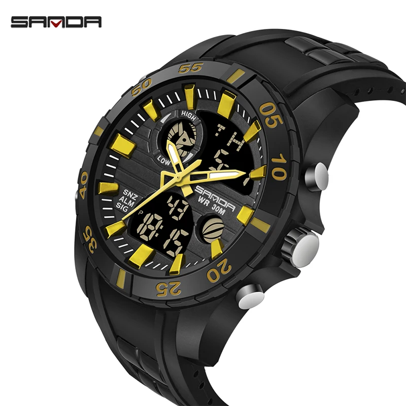 SANDA, мужские кварцевые часы, для спорта на открытом воздухе, двойное время, водонепроницаемые, стоп-ретранслятор часов, светящиеся, двойное движение, мужские цифровые часы - Цвет: Gold