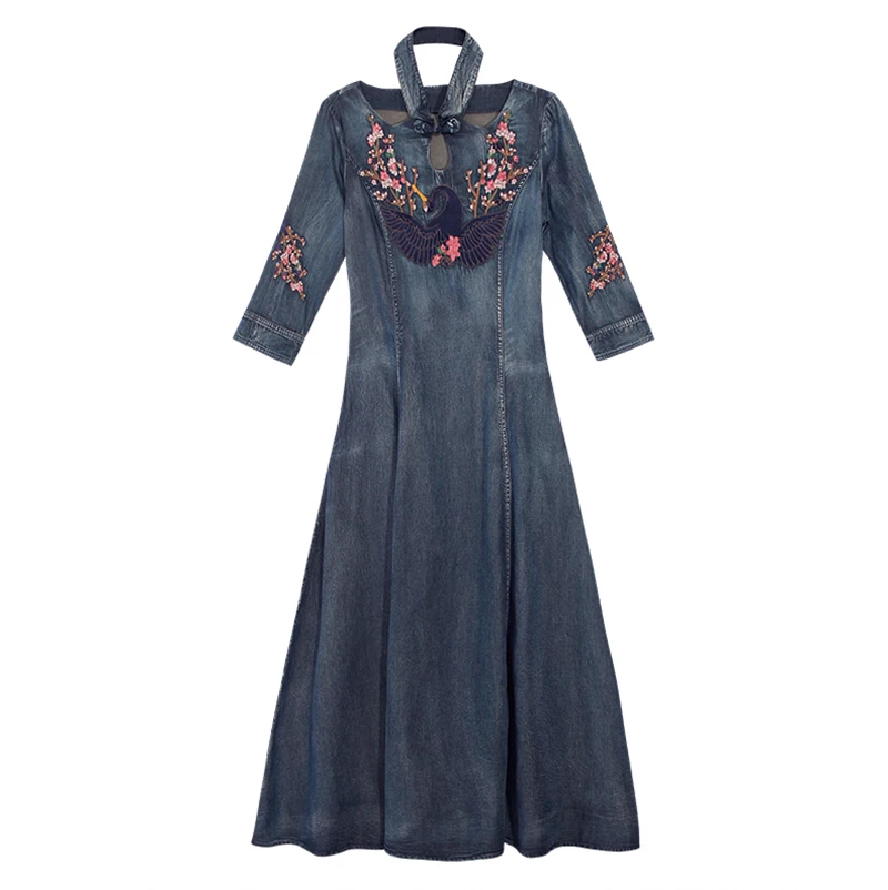 TEELYNN джинсовые платья для женщин cheongsam платья синий хлопок Феникс Цветочная вышивка бохо платье осень цыганские платья vestidos - Цвет: Синий