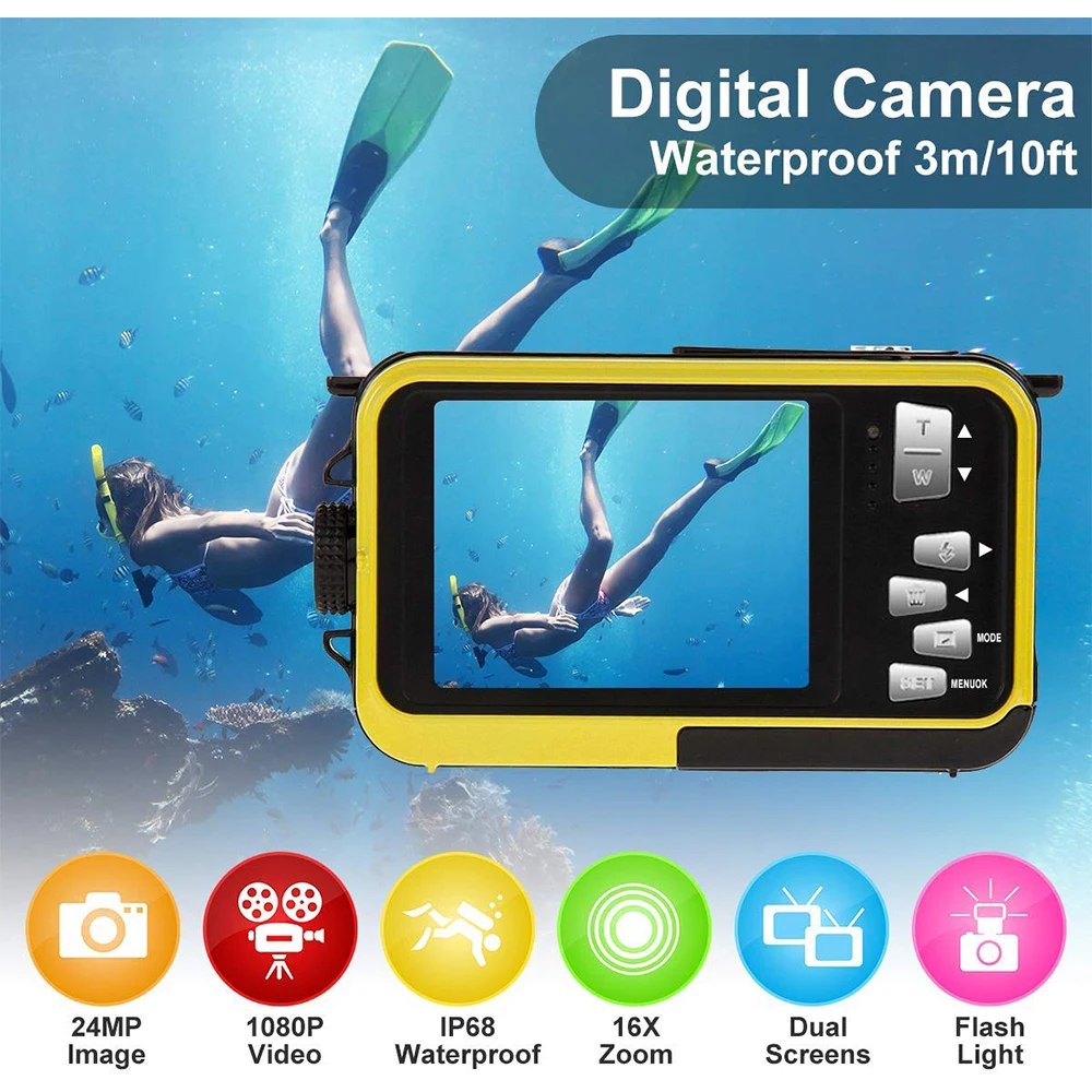 

Hot 3C-Underwater Camera 24.0MP Waterproof Digital Camera Full HD 1080P Self-Timer Dual-Screen Video Recording Waterproof Camera