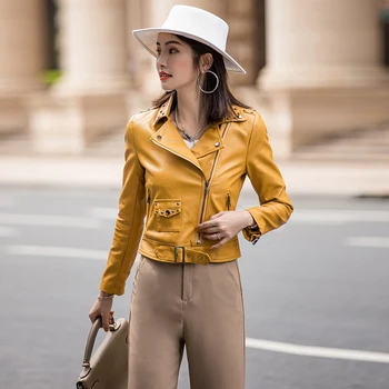 

Fashion Women's Leather Short Jackets Autumn Yellow Simple Cool Lady PU Faux Leather Motorcycle Jacket Streetwear Hip Hop Coat