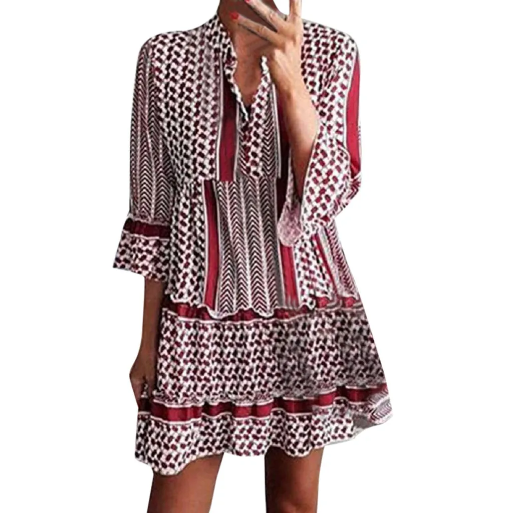

Pleated vestidos Fashion Women Printed Patchwork Three Quarter Sleeve Ruffles Dress Vadim women sexy neck snake pattern dress