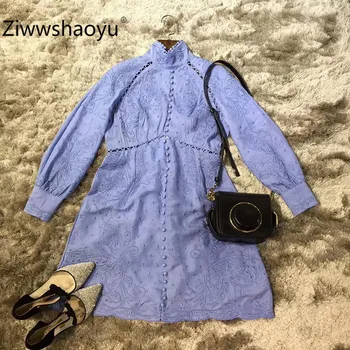 

Ziwwshaoyu Elegant Autumn Winter Party Hollow Embroidery Standing Collar Lantern Sleeve Blue Cotton Dress Women's