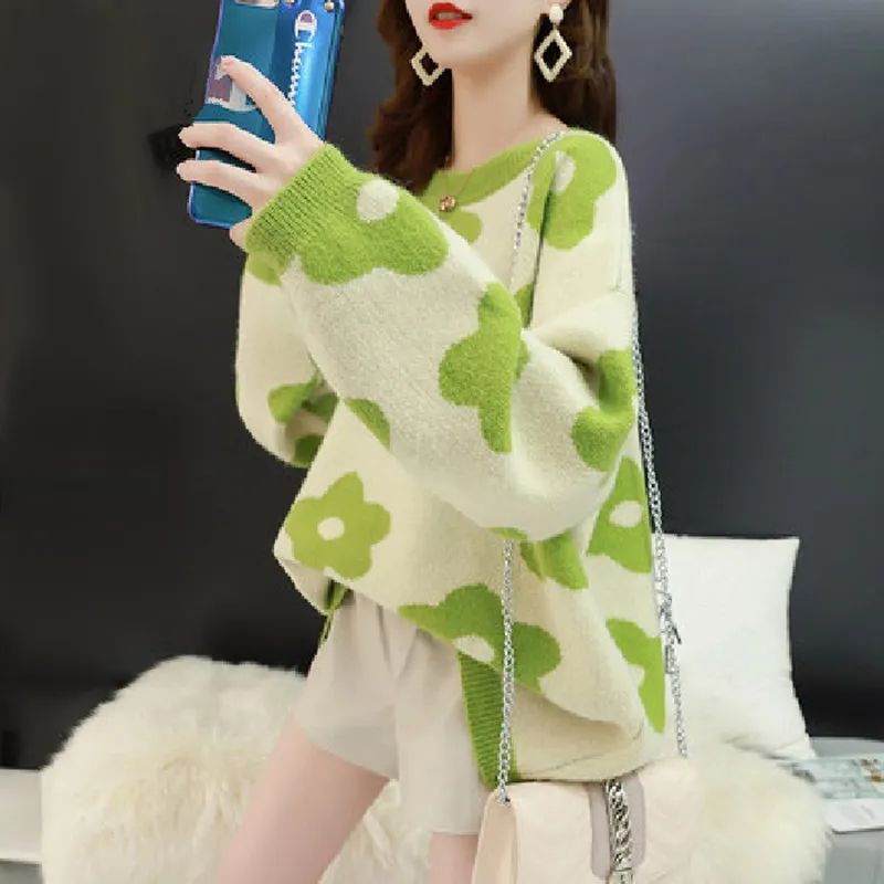 

Autumn Winter Lazy Oaf Loose Sweater Women Batwing Sleeve Flower Jacquard Knitted Pullover Sweaters Kawaii Jumpers Ladies