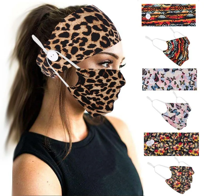 

2 Pcs /set Women Leopard Headband Button Hairband with Mask Sports Elastic Head Band Hair Accessories Leopard Turban Hair Cover
