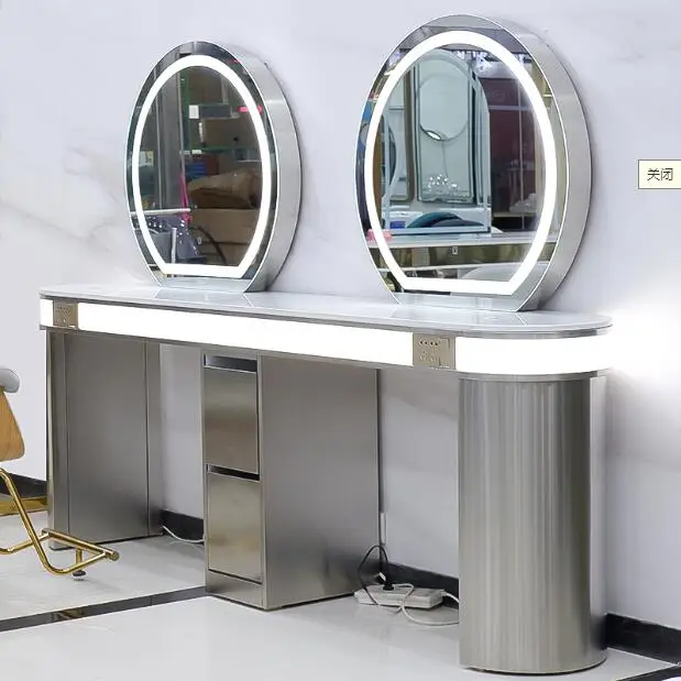 The new wireless charging mirror table special hot-dyed stainless steel imitation marble table for hair salons hair salon