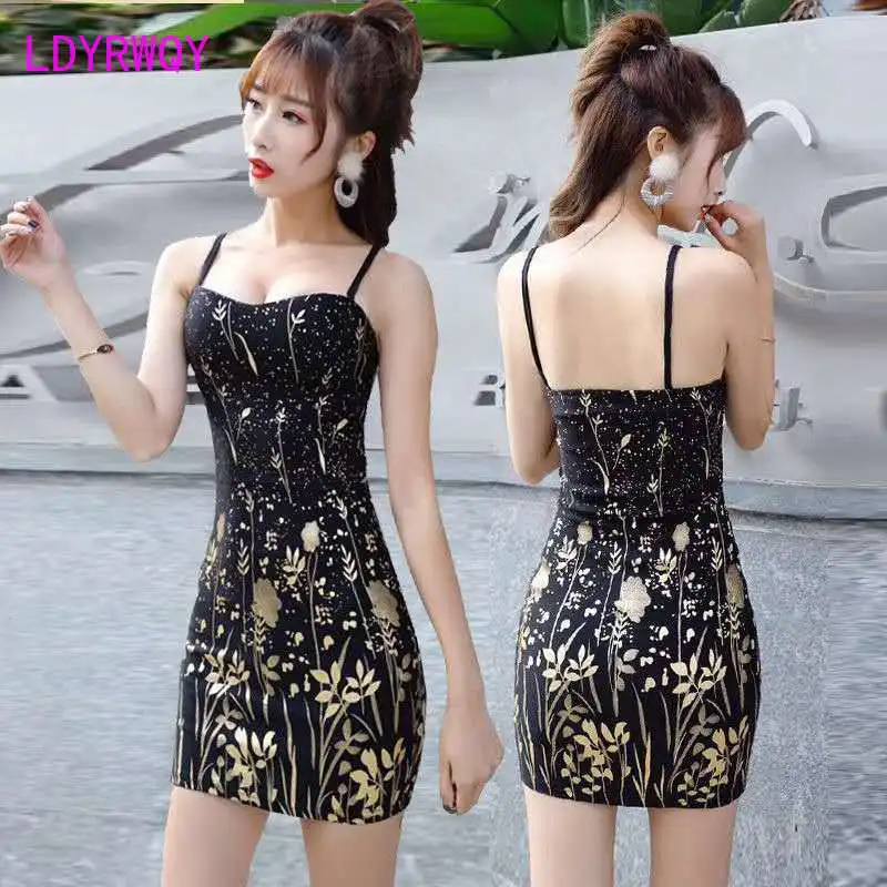 

Nightclub sexy women's 2020 summer tide deep V low chest dress printed bronzing strap bag hip Office Lady Sleeveless