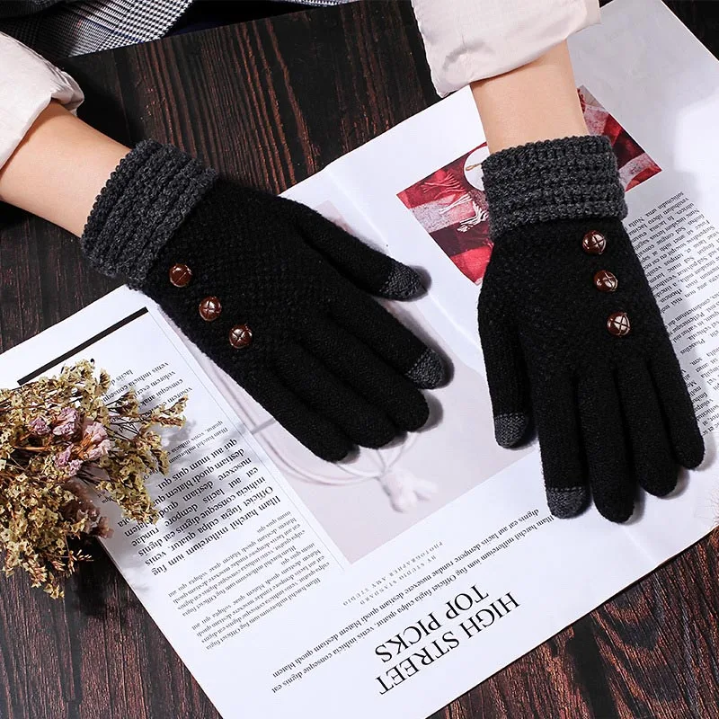 Модные зимние женские перчатки с сенсорным экраном, имитация кашемира, вязаные перчатки, теплый запястье, черные, хаки, женские перчатки